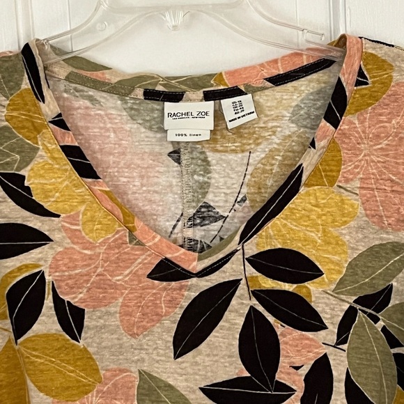 Rachel Zoe 100% Linen Floral V Neck 3/4 Sleeve High Low Shirt Top Size 1X - Picture 2 of 8